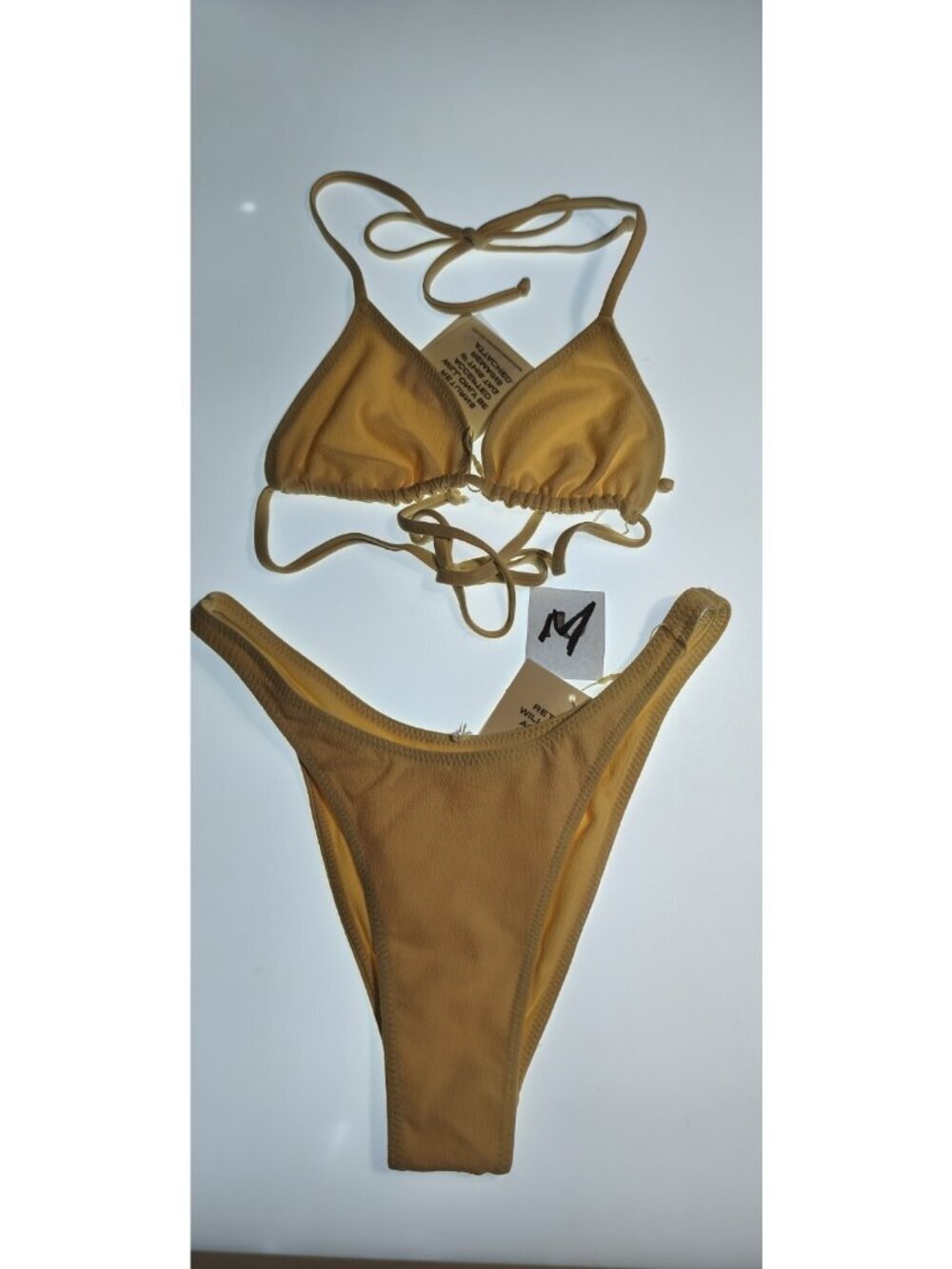 SAME Los Angeles Faux Suede Bikini Set Triangle Top Thong Bottom Beige M NWT